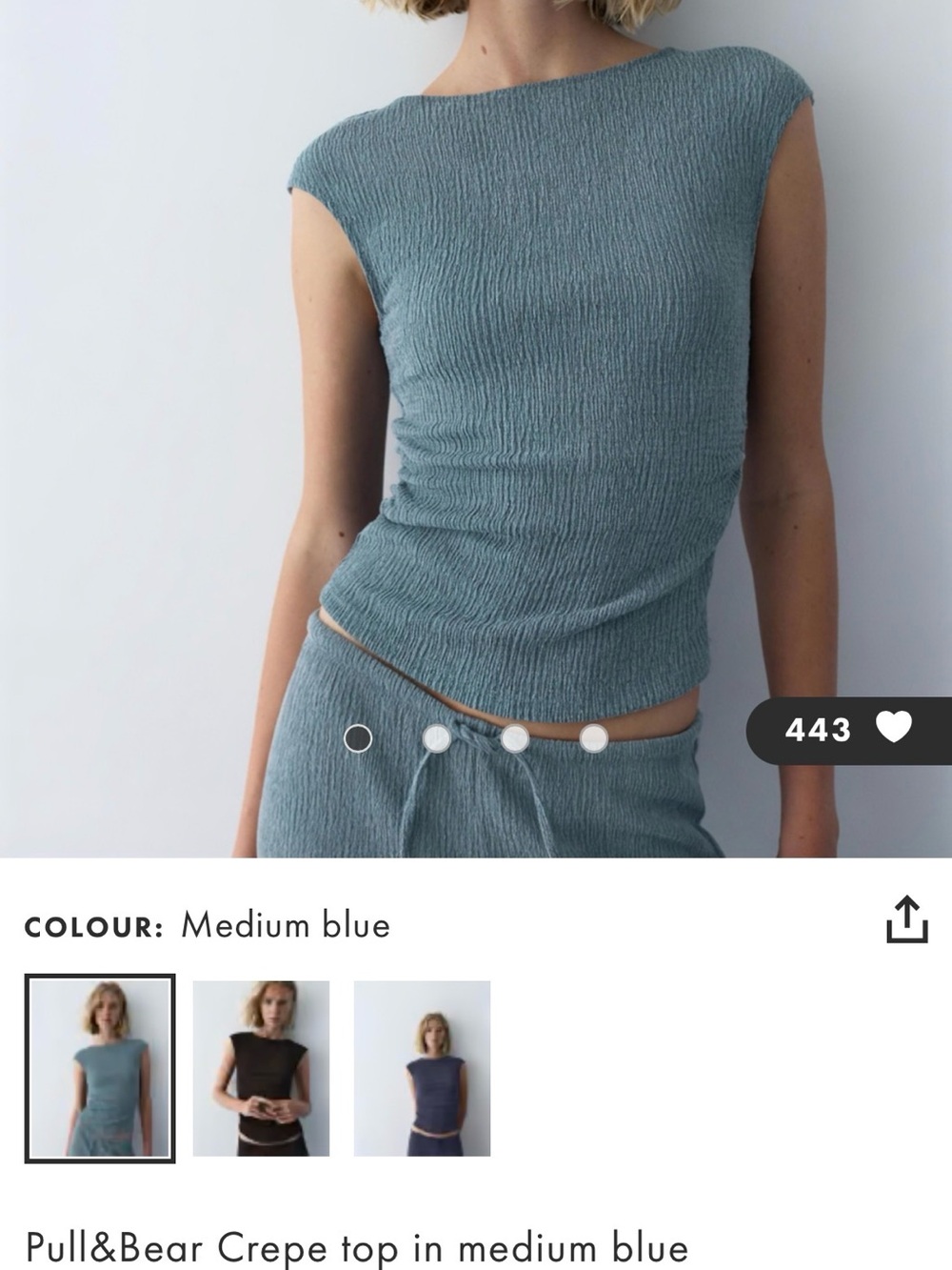 Pull&Bear Medium Blue Textured Cap-Sleeve Top